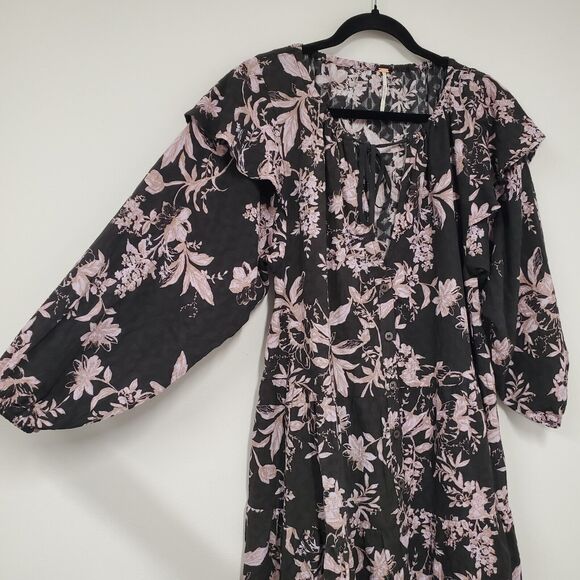 Free People Mini Dress XS Black Floral Flowy Whimsigoth Fairy Boho Ruffle - Picture 5 of 10